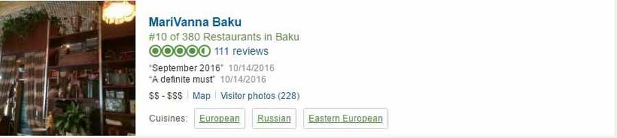 ‏10 رستوران برتر در باکو به انتخاب کاربران ‏Tripadvisor ‏